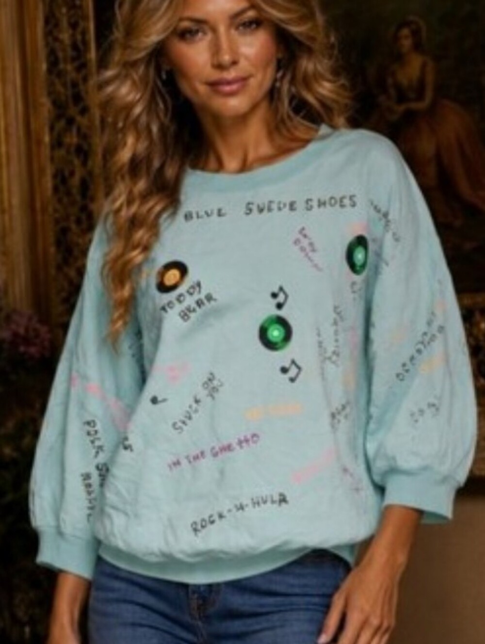 Vintage 80s QUITMAN USA Music Graffiti Sweatshirt Mint Green Pop Art Large